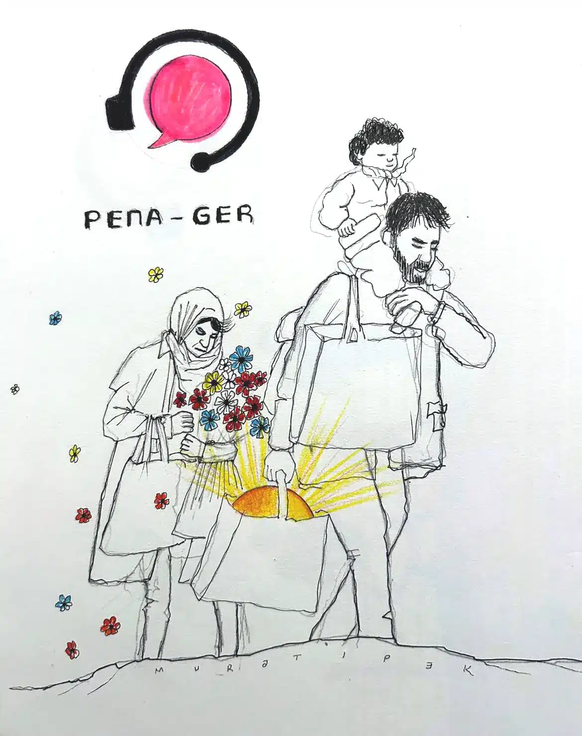 Eine Zeichnung von Murat Ipek, die eine Familie mit einem Kind auf der Flucht in die Hoffnung darstellt.