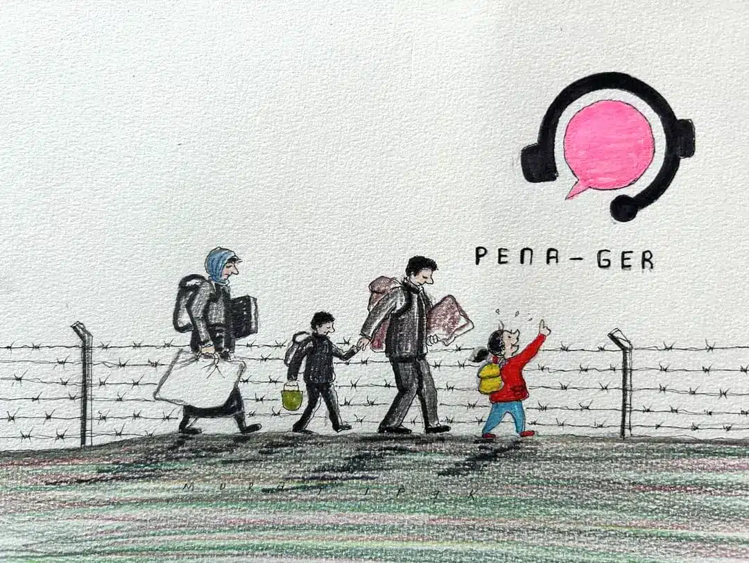 Geflüchtete an der Grenze. Im Hintergrund das Logo des Vereins Pena.ger e.V.