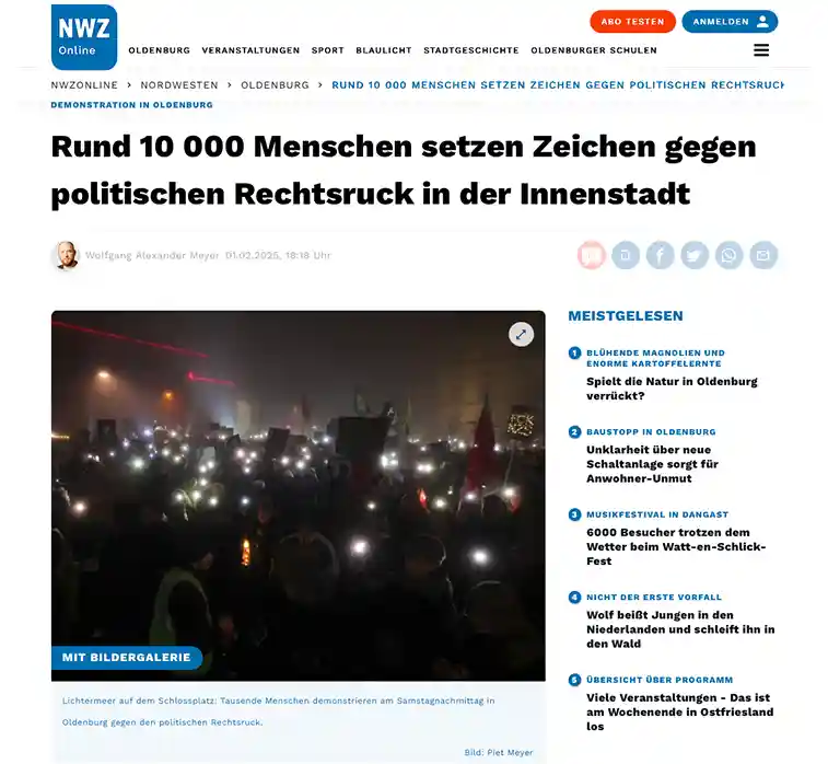 Screenshot eines Nachrichtenartikels über die Demonstration mit 10.000 Teilnehmern gegen den Rechtsruck in Oldenburg am 1. Februar 2025.