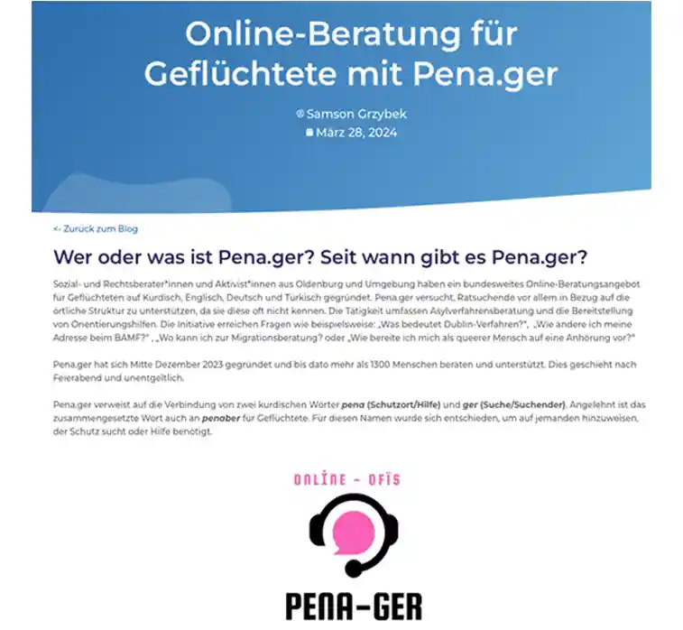 Digitaler Screenshot des Online-Interviews von Queermed Deutschland mit der Beratungsinitiative Pena.ger. Zu sehen sind der Titel des Beitrags sowie der Anfang des Interviews.