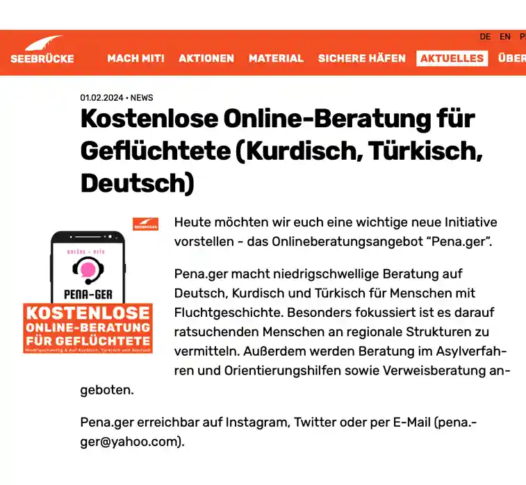 Screenshot eines Artikels auf seebruecke.org mit orangefarbener Überschrift über kostenlose Online-Beratung für Geflüchtete in mehreren Sprachen. Der Beitrag stellt Pena.ger als niedrigschwelliges Beratungsangebot vor.