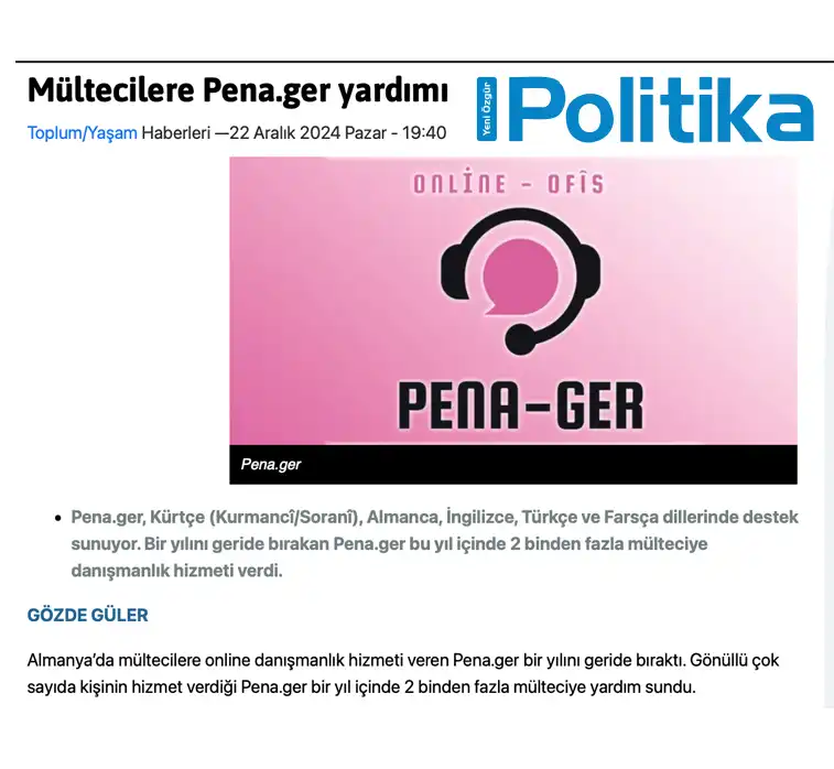 Berichterstattung in „Yeni Özgür Politika“ über Pena.ger